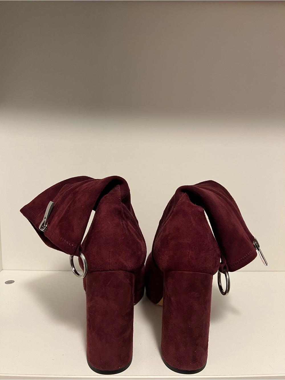 PAIGE Burgundy Suede Fold-Over Block Heel Ankle Boots - Picture 2 of 5